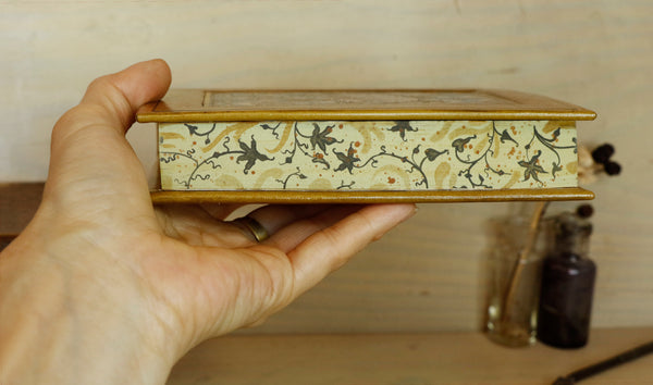 Leather journal with hand painted illuminated miniature on vellum and gold tooled decoration - Pelican Feeding Her Young