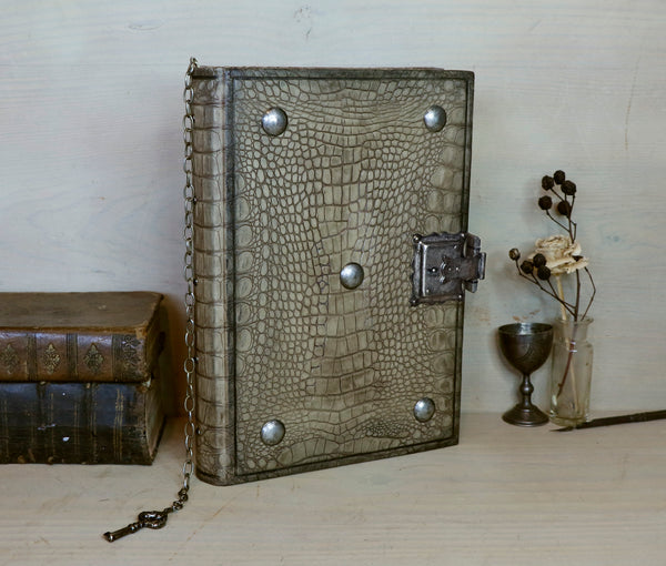 Journal with Lock and Key, Antique Crocodile Textured Leather - "The Collector"