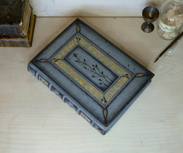 Grey Leather Journal with floral decoration. Whispers in Bloom. One of a kind