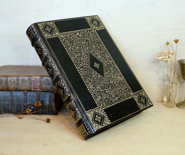 Black Leather Journal with gold floral decoration. Chronicles of the Soul