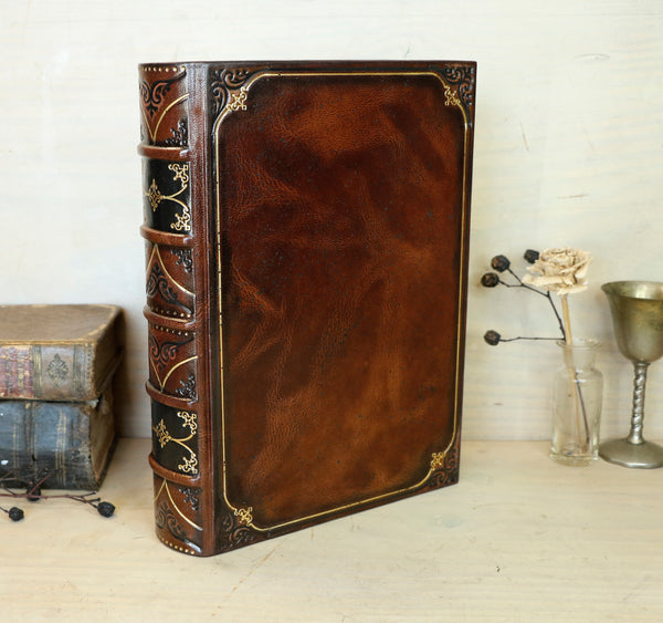 Antiqued leather journal, brown red leather, Gold tooled decoration. Once Upon a Time