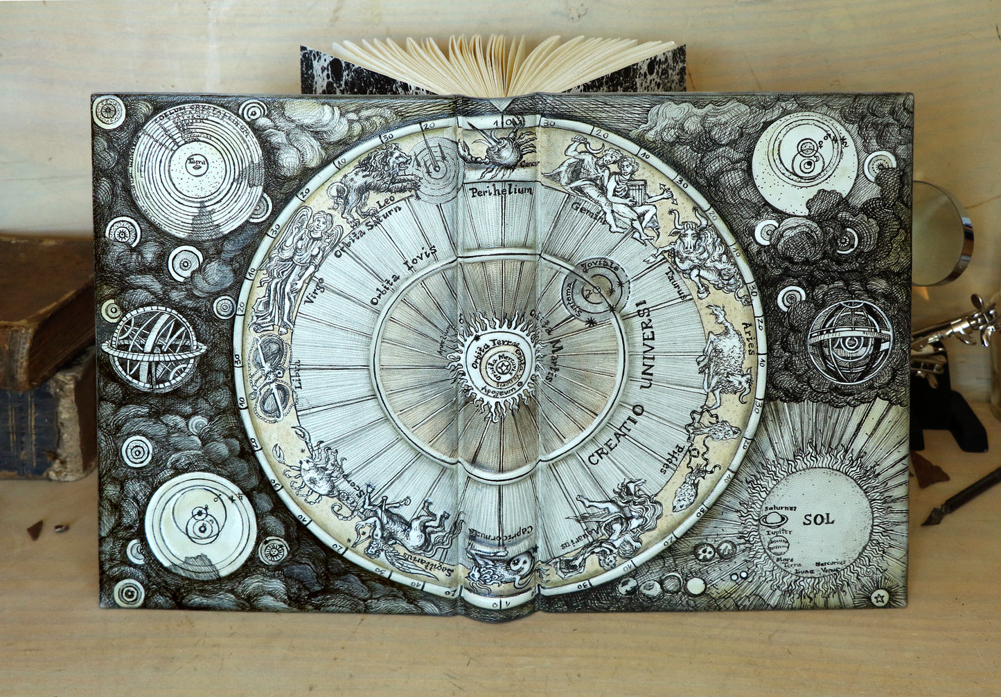 Handpainted Leather Journal, One of a Kind blank book on astrology with Copper Engraved Bookmark - Creatio Universi / The Creation of the Universe