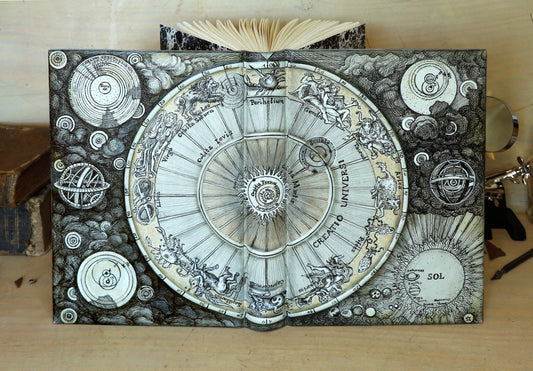 Handpainted Leather Journal, One of a Kind blank book on astrology with Copper Engraved Bookmark - Creatio Universi / The Creation of the Universe
