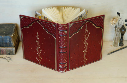 Red Leather Journal with Gilded Edges, Gold, Hand Tooled Decoration - The Temple of Love