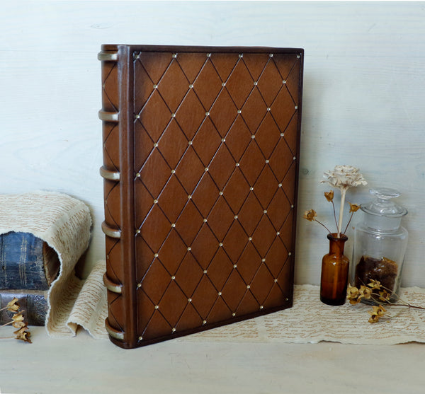 Brown Red Leather Journal with Gold Decoration, Antiqued leather notebook - Sienna Sunset