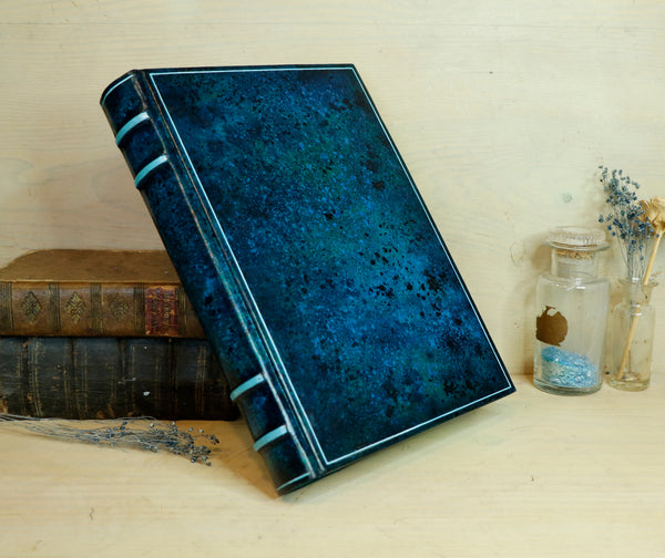 Blue leather journal with hand marbled decoration - Ocean Waves