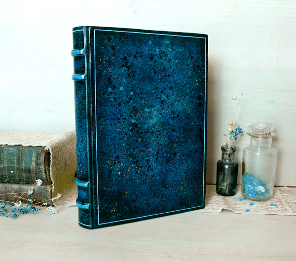 Blue leather journal with handpainted decoration - September Night Skies
