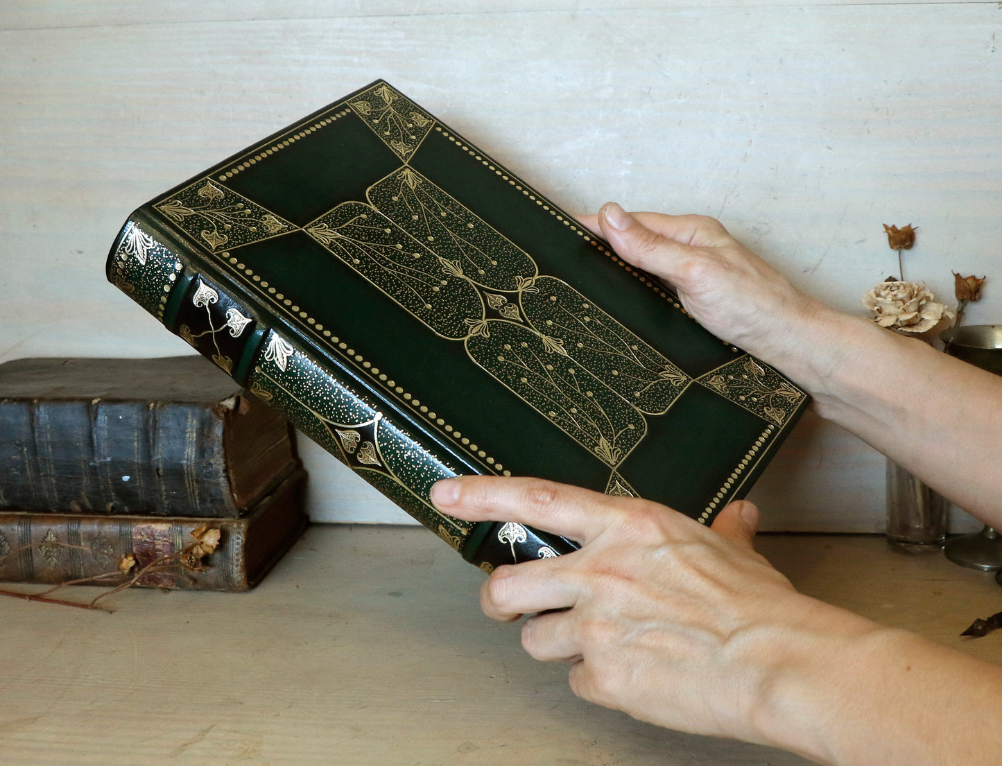 Dark Green Leather Journal with Gold Tooled Decoration. Romantic Journey