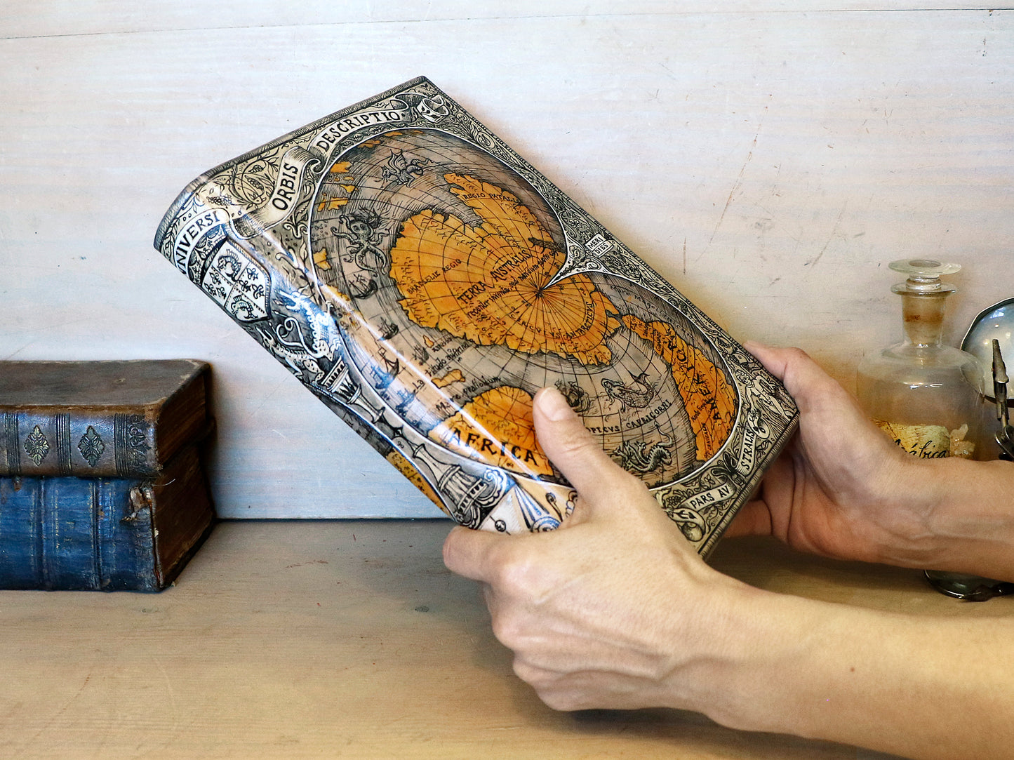 Handpainted leather journal, "Universi Orbis Descriptio", Double Heart Shaped Map Projection, One of a Kind