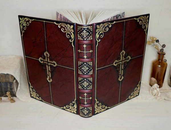 Antiqued red leather journal with cross decoration. One of a Kind - Faith