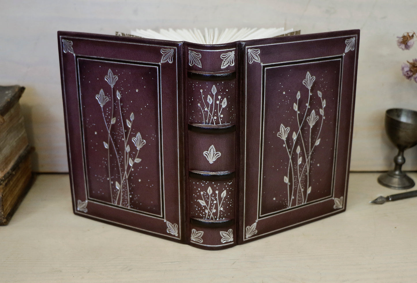 Burgundy Leather Journal with Silver Tooled Decoration. Silver Moon Bloom. One of a Kind