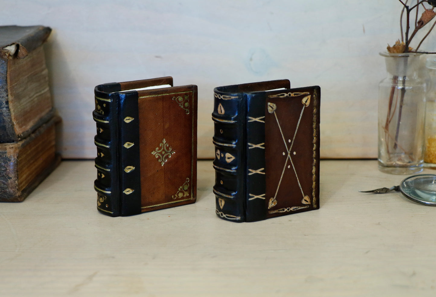 Miniature leather journals, Set of 2 tiny books. Vintage Duo