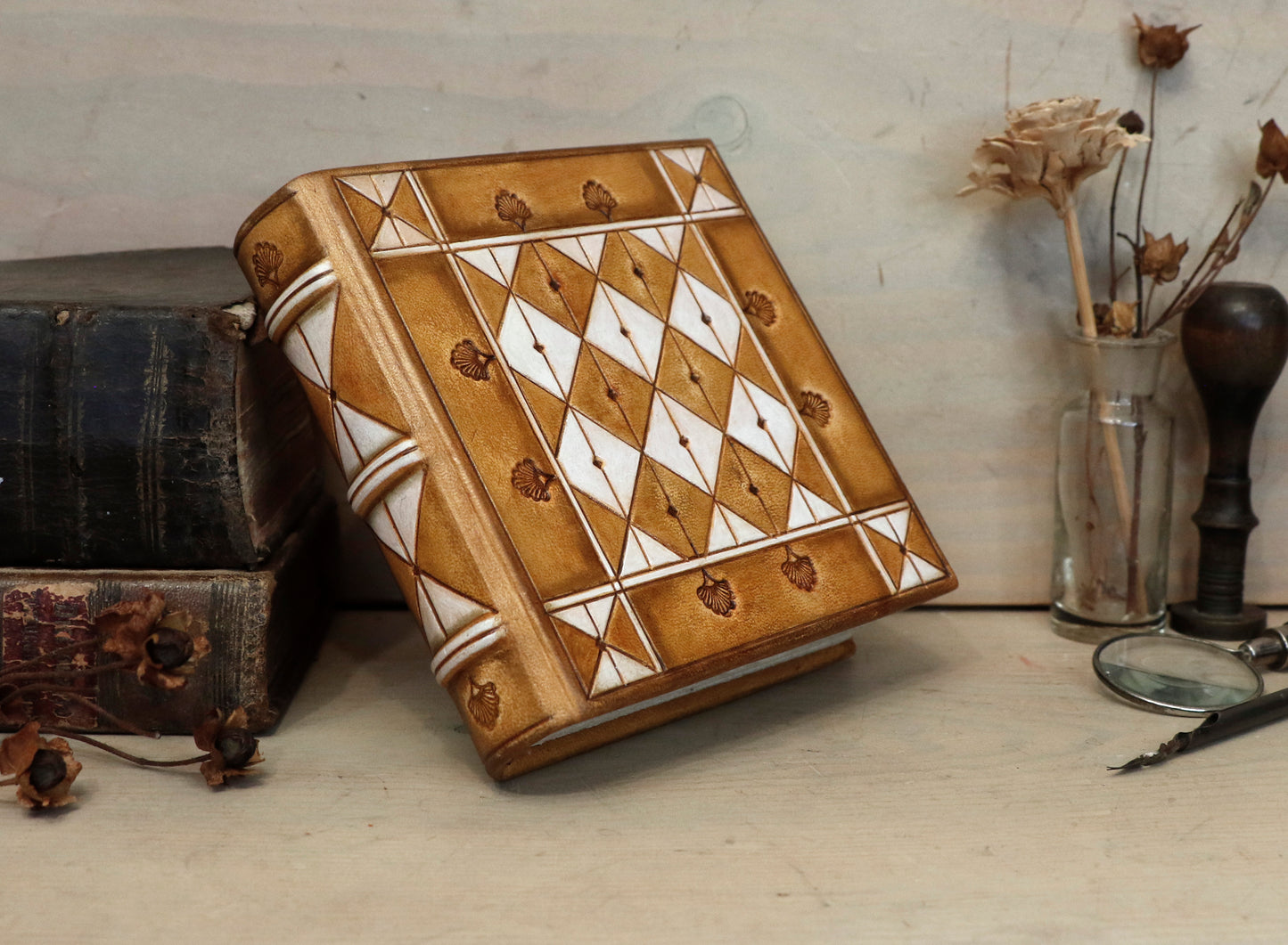 Brown leather journal with hand tooled and painted decoration - Morning Thoughts