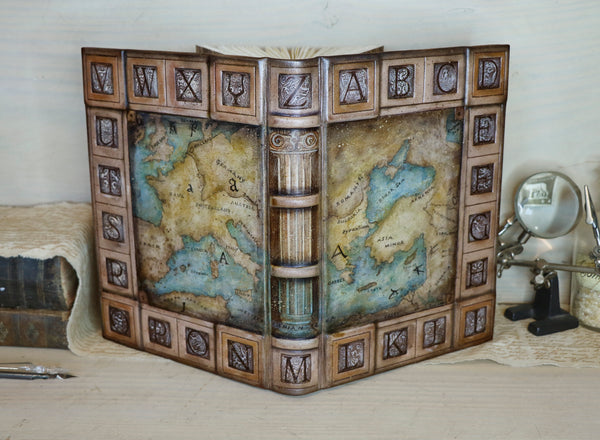 Handpainted leather journal, Artist paper, "The Story of Writing". One of a Kind