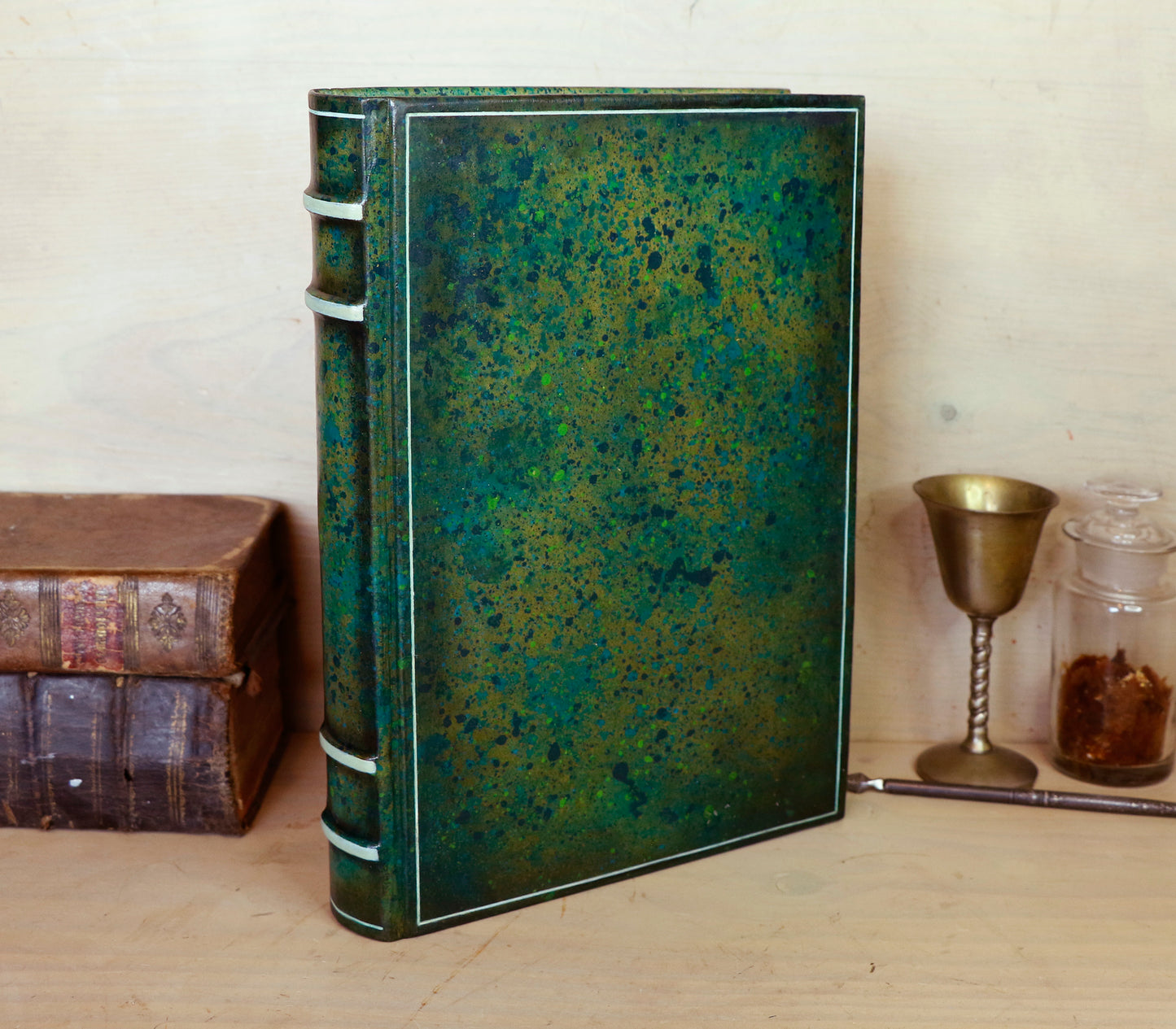 One of a kind green leather journal with handpainted decoration - A Garden in Bloom