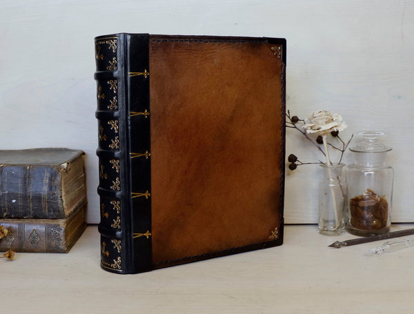 Vintage leather journal, Reclaimed brown leather, Gold tooled decoration. Once Upon a Time