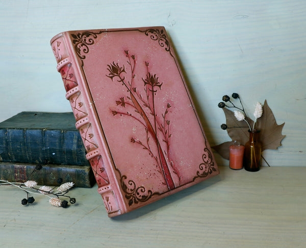 Pink Leather Journal with brown floral decoration. La Vie en Rose