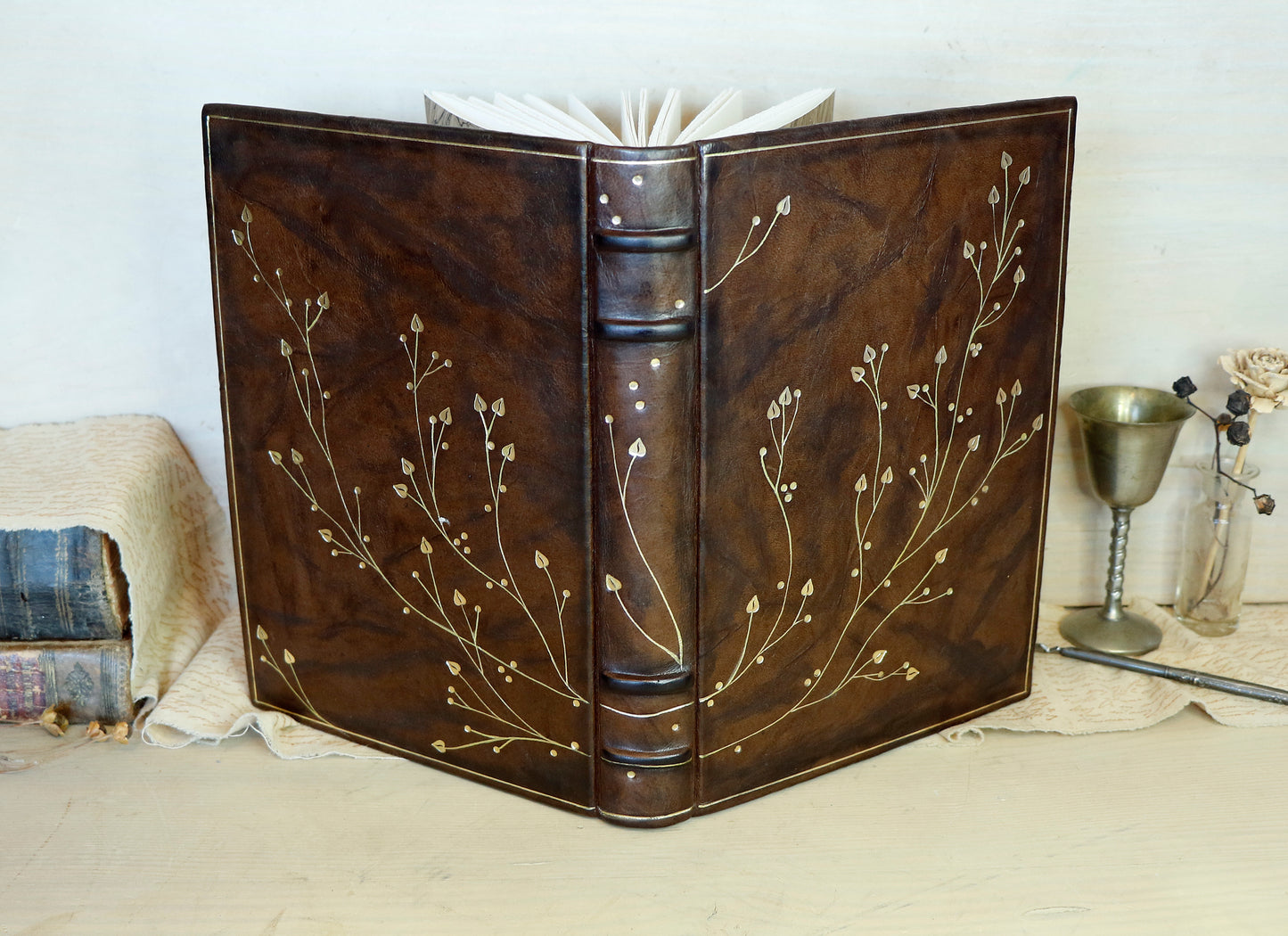 Antiqued Brown Leather Journal with Gold Tooled Decoration, Branches of Memory