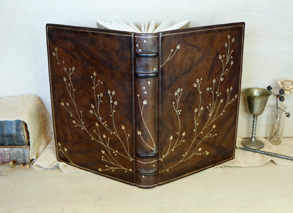 Antiqued Brown Leather Journal with Gold Tooled Decoration, Branches of Memory