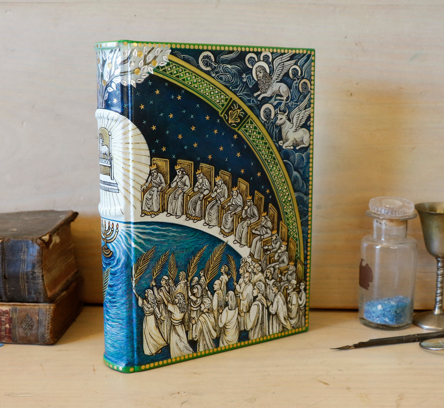 Hand painted blank book, White Leather Journal, Revelation 7, The Heart of the Spiritual Heaven