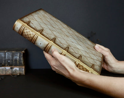 Large leather journal, Antiqued gold and white diamond pattern, tooled decoration - Ancient Tales