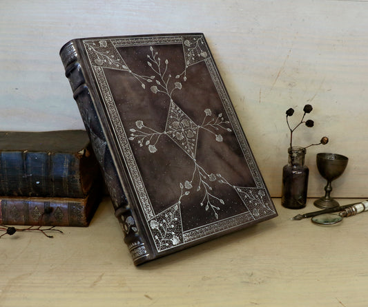 Grey Leather Journal with Silver tooled floral decoration. Moonlight Song