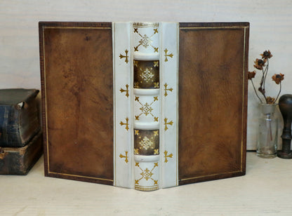 Vintage leather journal, Brown and white leather with Gold tooled decoration. The Book of Light