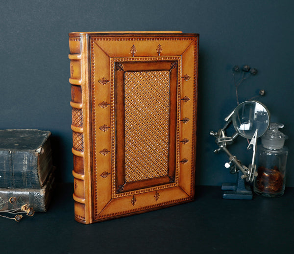 Brown Orange Leather Journal with hand tooled decoration - Copper Shine