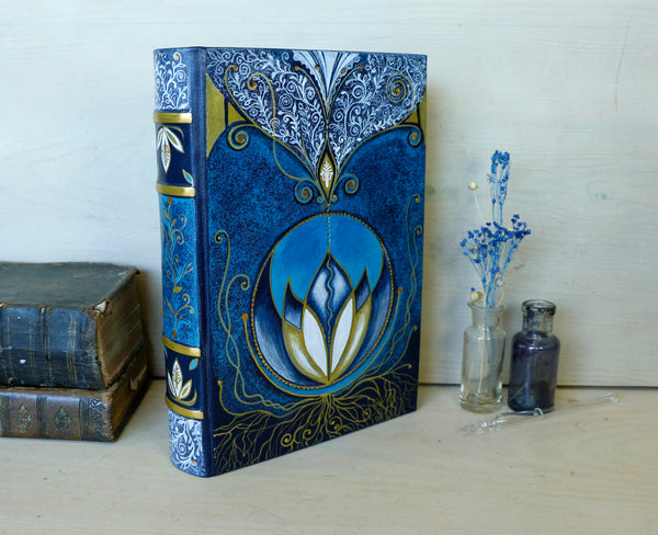 Blue leather journal with Hand painted decoration, Lotus Heart