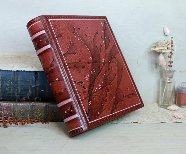 Red Leather Journal with floral decoration. Garden of Life