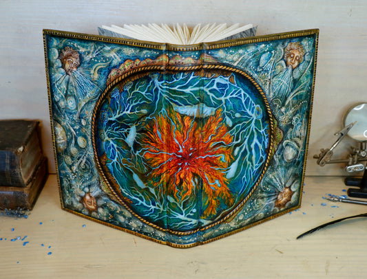 Hand-painted Leather Journal, One of a Kind blank book - Mundus Subterraneus, Aquatic System
