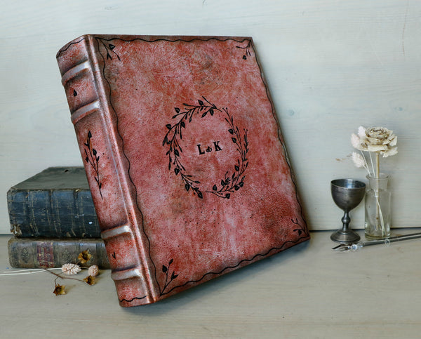Photo album / Scrapbook / Guestbook, Silver red leather with floral decoration, Custom Monogramming