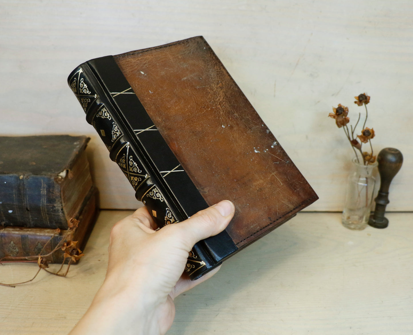 Vintage leather journal, Gold tooled decoration. The Old Book