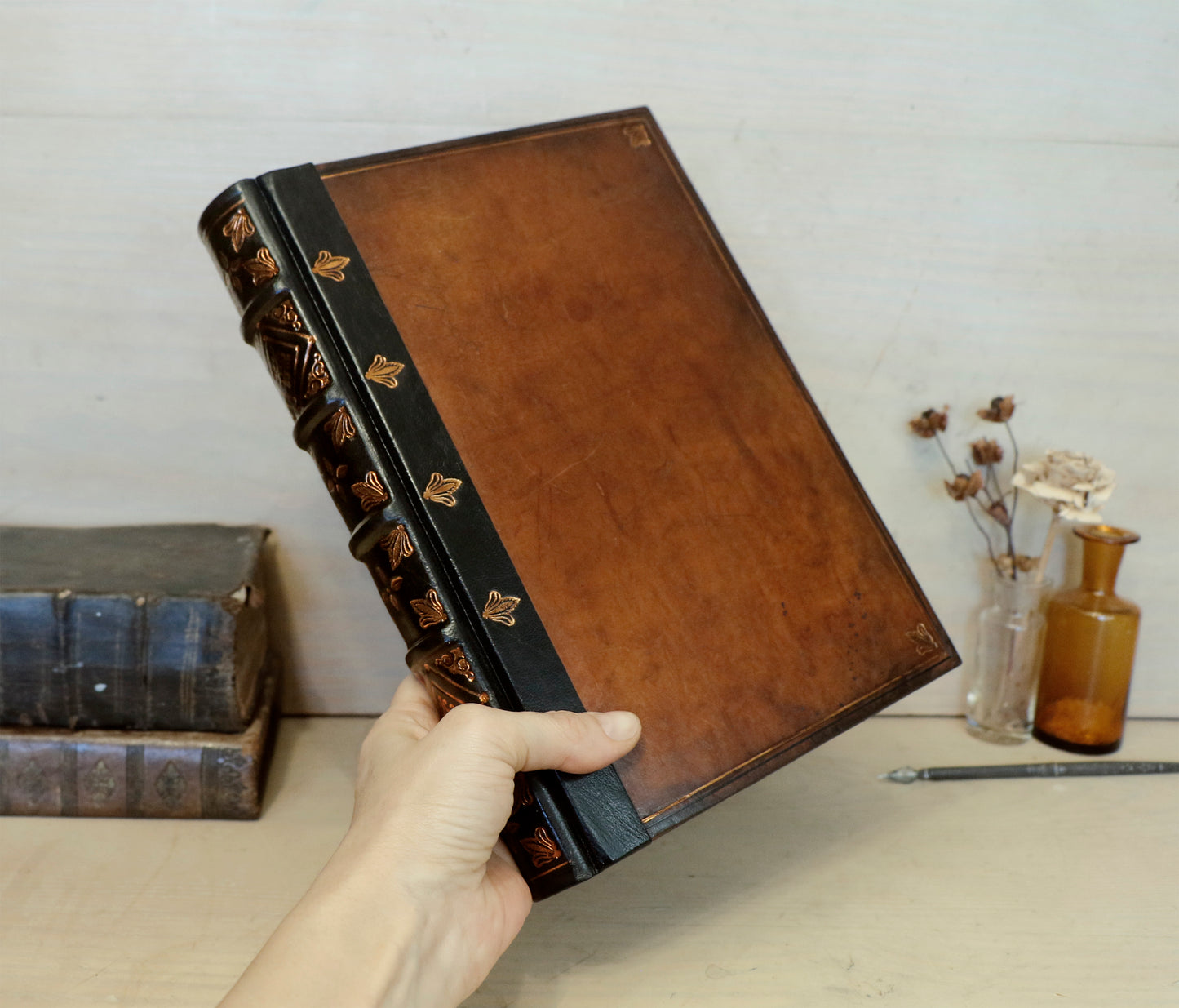 Antiqued leather journal, brown leather, Gold tooled decoration. Once Upon a Time
