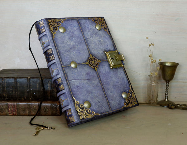 Leather Journal with Lock and Key, Romantic diary, Gold decoration, "Purple Dreams"