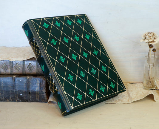 Dark Green Leather Journal with gold and green tooled decoration. Emerald Garden