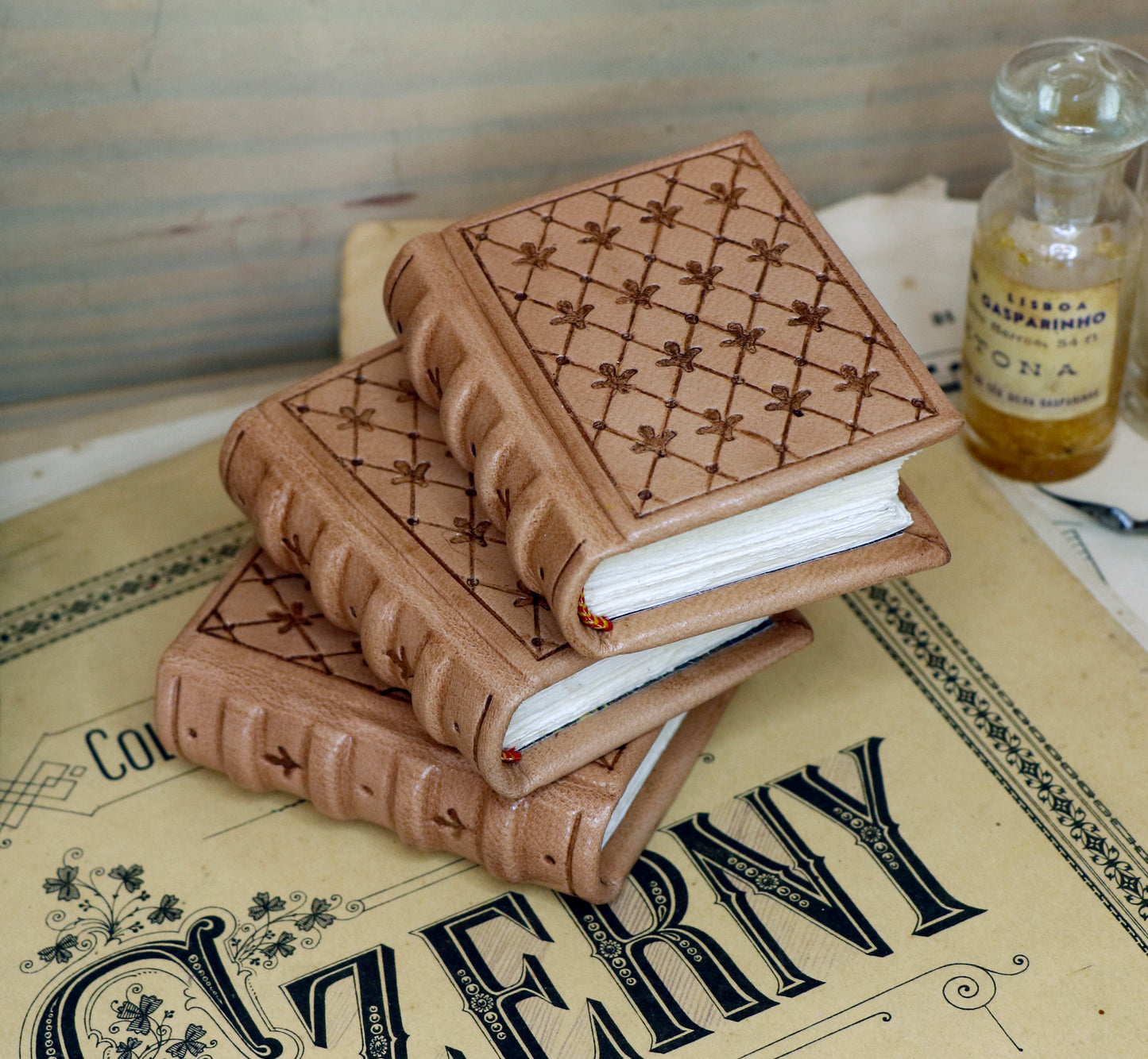 Miniature leather journal, Natural leather, tooled decoration