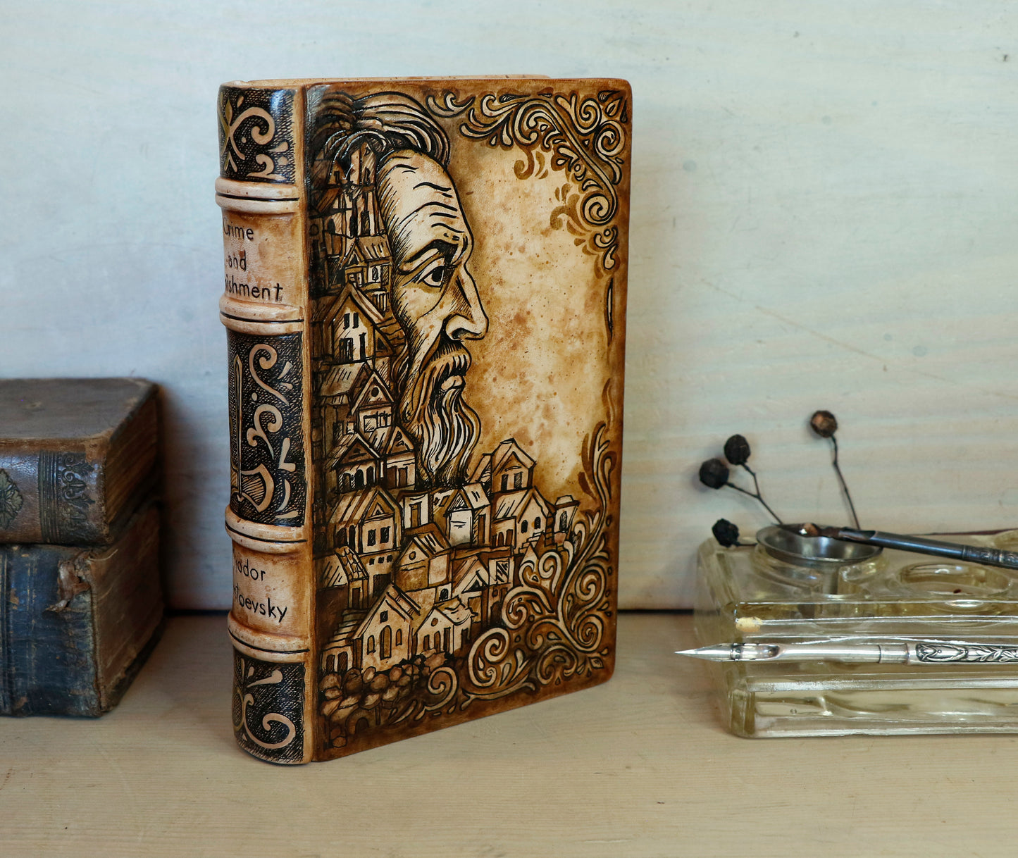 Crime and Punishment | Fyodor Dostoevsky. Handpainted Leather Binding, Original Artwork Design. One of a kind
