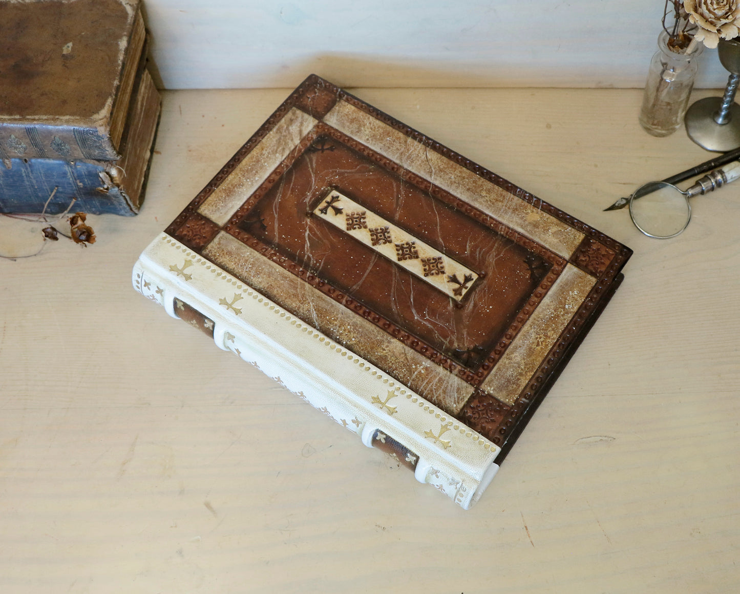 Brown Red Leather Journal with Tooled Decoration, White leather spine - Sienna Sunset