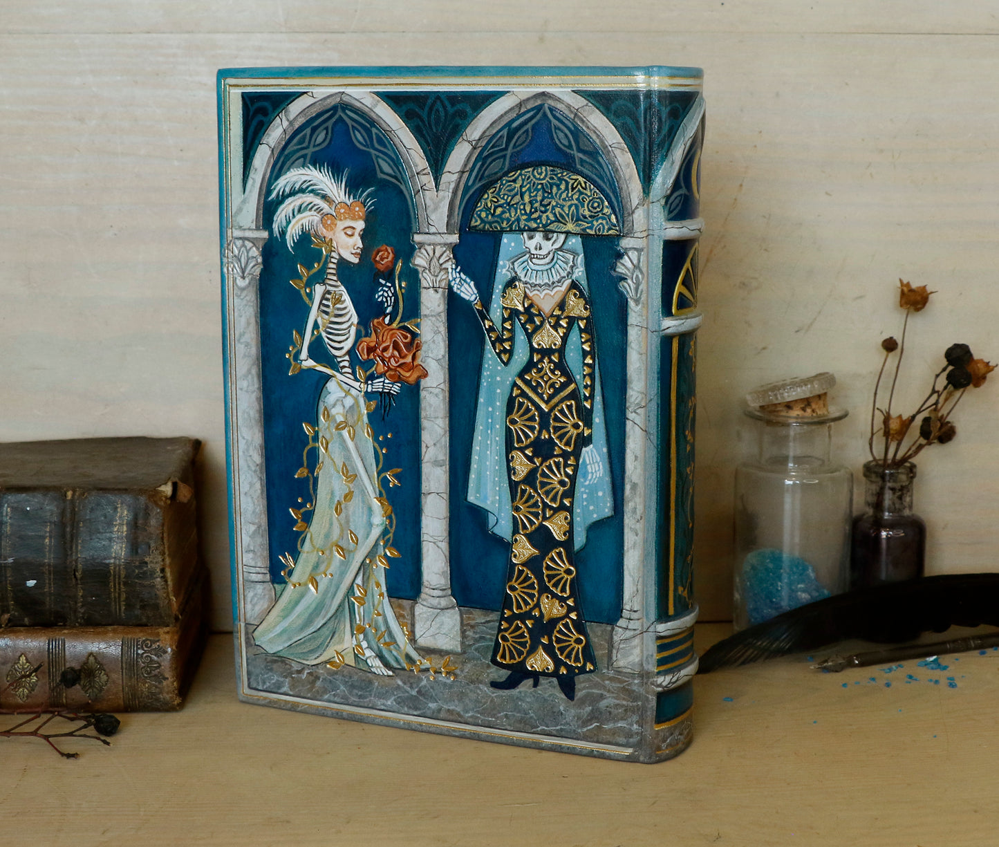 Handpainted Leather Journal / Blank Book with Original Artwork - A Dance Macabre of the Feminine Devine. One of a Kind