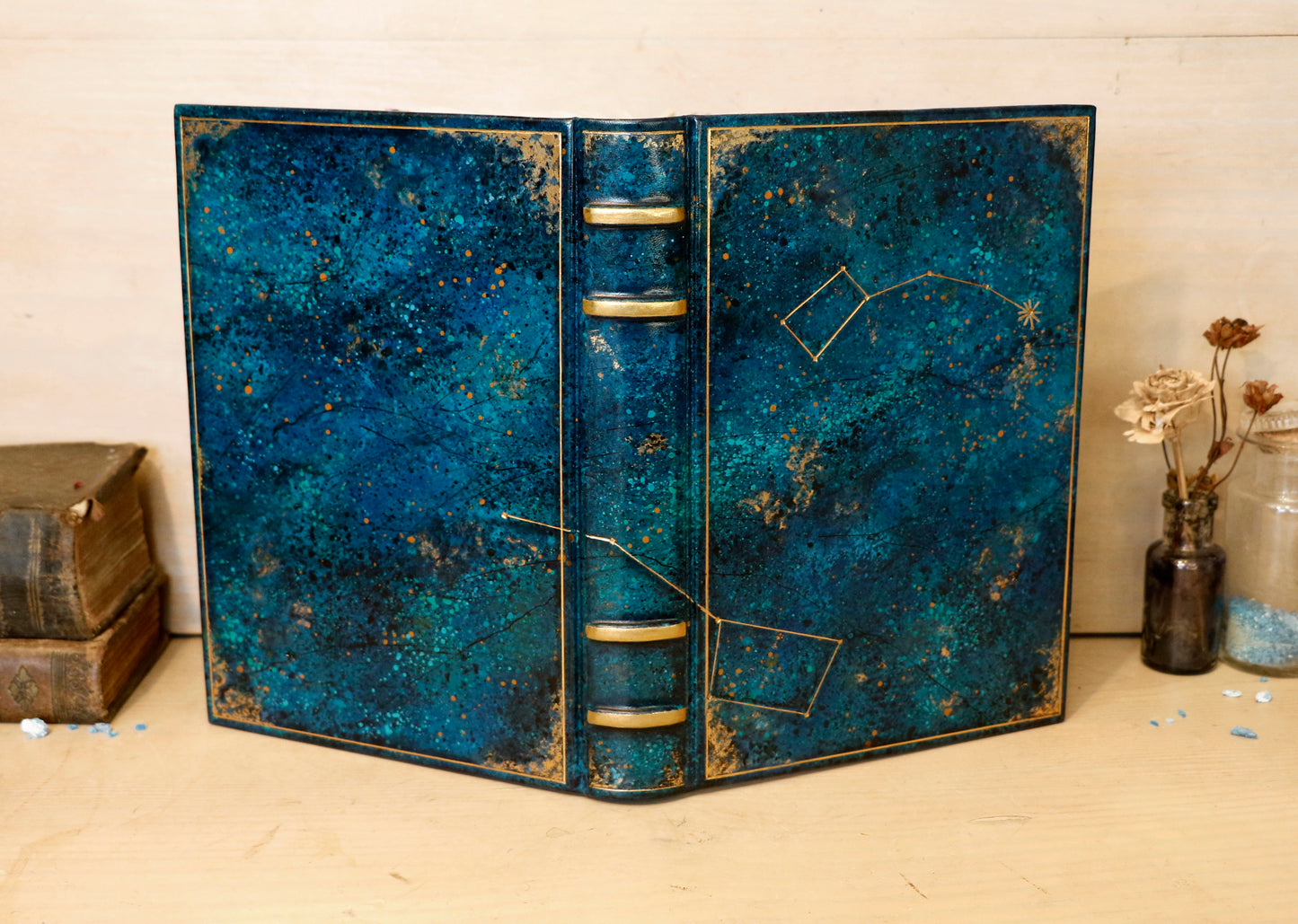 Polaris. Blue leather journal with hand marbled decoration. One of a Kind