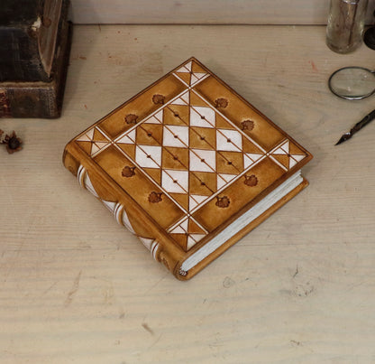 Brown leather journal with hand tooled and painted decoration - Morning Thoughts