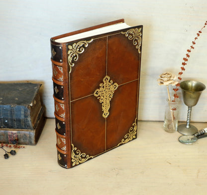 Antiqued brown leather journal with cross decoration - Faith
