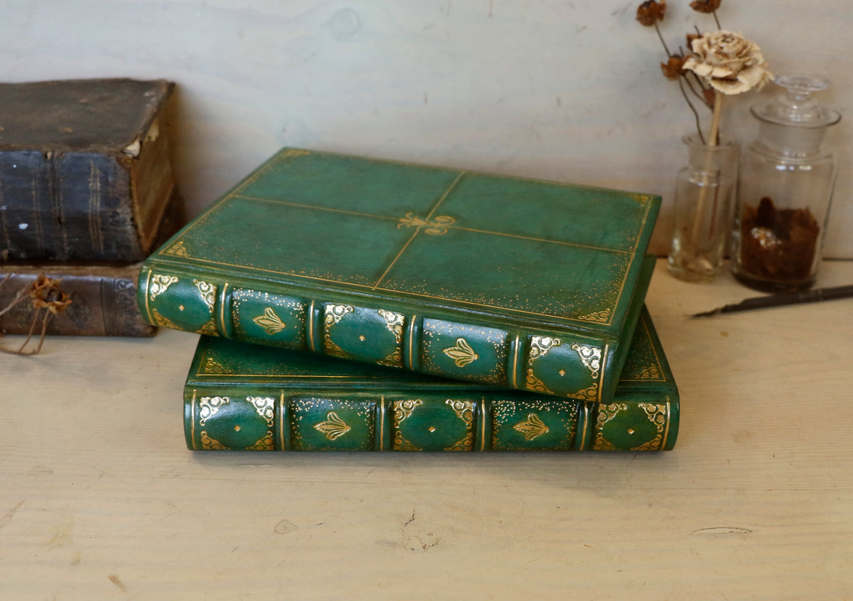 Green Leather Journal with gold tooled decoration and Gilded Edges. The Gilded Garden