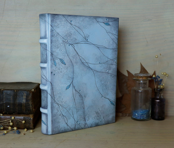 Light blue leather journal with tooled and painted decoration. One of a kind. Azure Mist