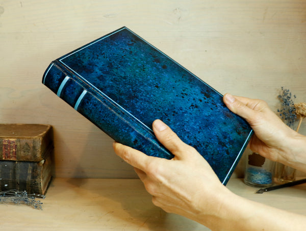 Blue leather journal with hand marbled decoration - Ocean Waves