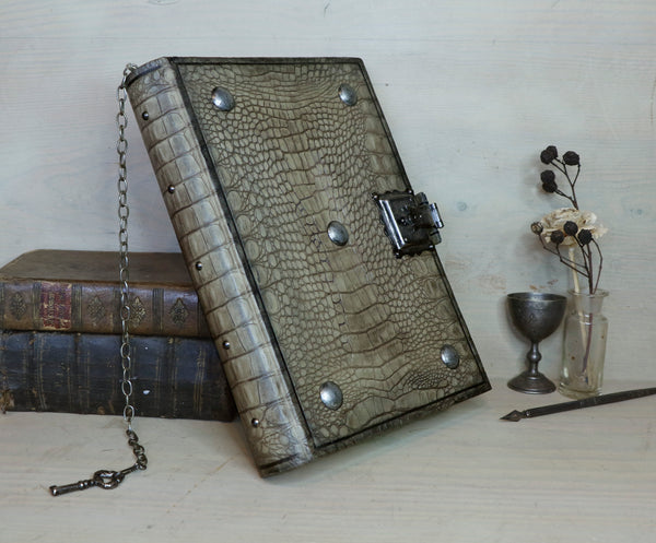 Journal with Lock and Key, Antique Crocodile Textured Leather - "The Collector"