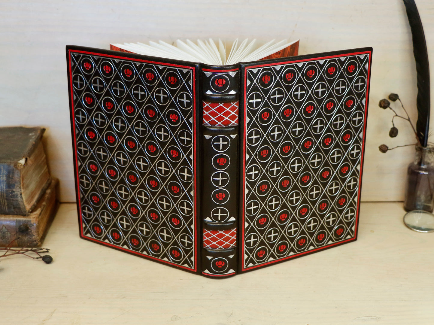 Black Leather Journal with silver and red tooled decoration - The Black Reliquary