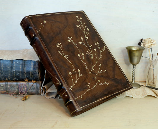 Antiqued Brown Leather Journal with Gold Tooled Decoration, Branches of Memory