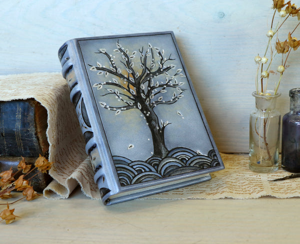 Antiqued grey leather journal with tooled decoration. The Silver Tree. One of a Kind